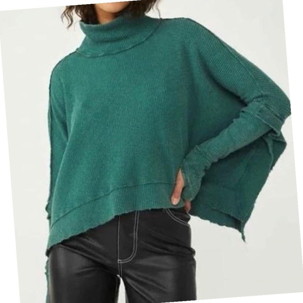 Free People We The Free Moon Daisy Teal Green Waffle Knit Poncho Top Large